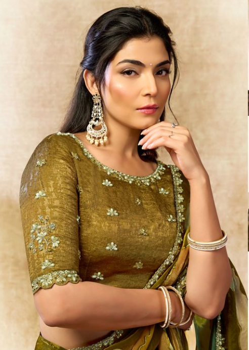 Mustard Yellow Two Tone Satin Silk Saree | Sequins, Embroidery, Pearl & Stone Handwork with Leheriya Digital