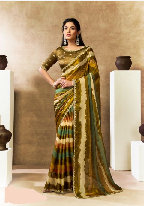 Mustard Yellow Two Tone Satin Silk Saree | Sequins, Embroidery, Pearl & Stone Handwork with Leheriya Digital