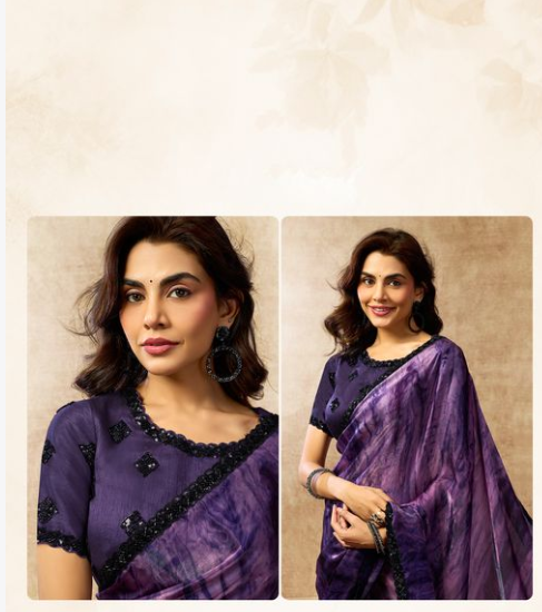 Deep Purple Two Tone Satin Silk Saree | Dual Sequins & Beads Embellishment with Abstract Digital Print