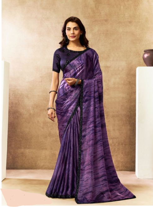Deep Purple Two Tone Satin Silk Saree | Dual Sequins & Beads Embellishment with Abstract Digital Print