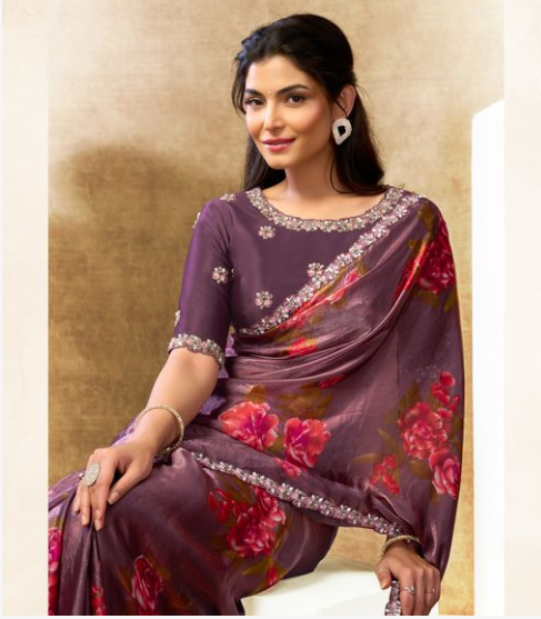 Coffee Two Tone Satin Silk Saree | Multi Thread, Sequins, Embroidery & Pearl Work with Floral Digital Print