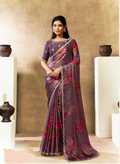 Coffee Two Tone Satin Silk Saree | Multi Thread, Sequins, Embroidery & Pearl Work with Floral Digital Print
