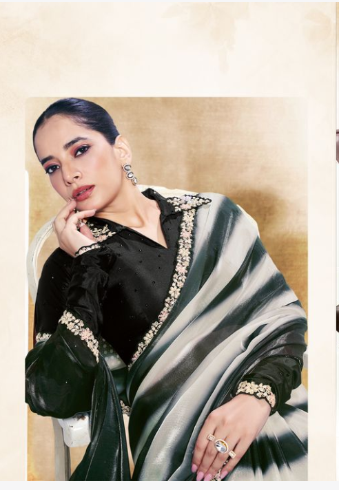 Black Two Tone Satin Silk Saree | Embroidery & Stone Handwork with Digital Shaded Print