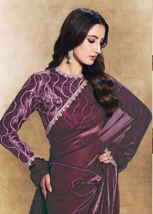 Wine Silk Jacquard Saree | Sequins Embroidery, Stone & Handwork with Digital Abstract Print