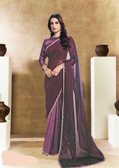 Wine Silk Jacquard Saree | Sequins Embroidery, Stone & Handwork with Digital Abstract Print