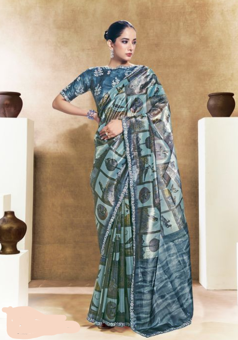 Blue Two Tone Paper Silk Saree | Embroidery & Stone Handwork with Digital Traditional Print