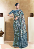 Blue Two Tone Paper Silk Saree | Embroidery & Stone Handwork with Digital Traditional Print