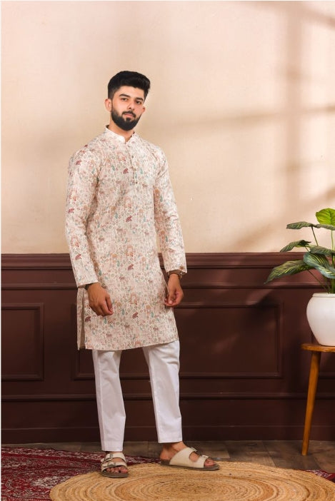 Beige Art Silk Festive Kurta with Payjama | Digital Print & Sequin Embroidery