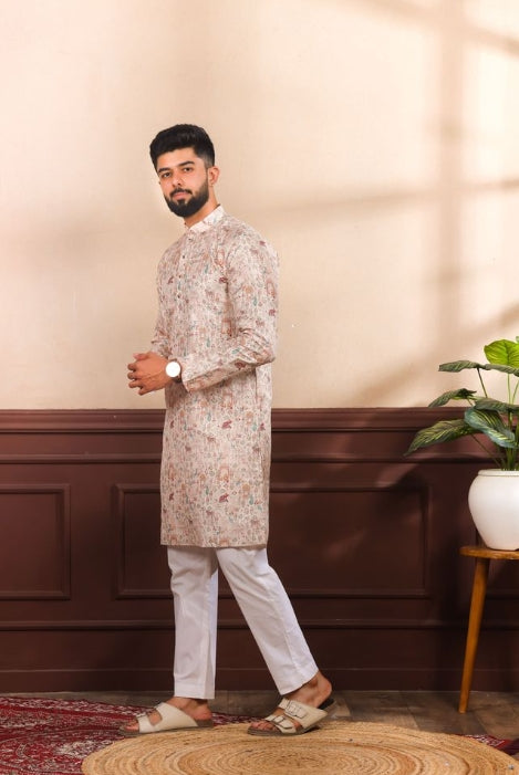 Beige Art Silk Festive Kurta with Payjama | Digital Print & Sequin Embroidery