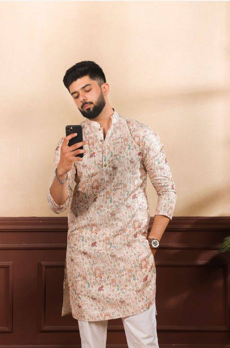 Beige Art Silk Festive Kurta with Payjama | Digital Print & Sequin Embroidery