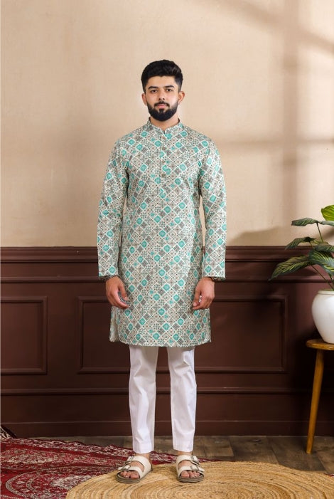 Royal Blue Art Silk Festive Kurta with Payjama | Digital Print & Sequin Embroidery