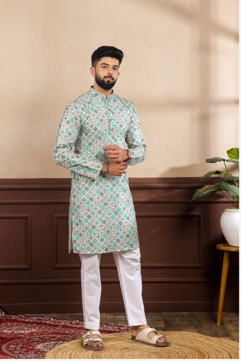 Royal Blue Art Silk Festive Kurta with Payjama | Digital Print & Sequin Embroidery