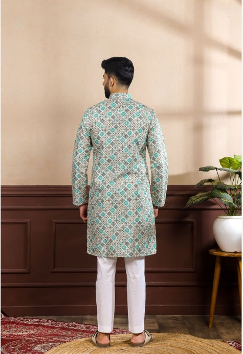 Royal Blue Art Silk Festive Kurta with Payjama | Digital Print & Sequin Embroidery