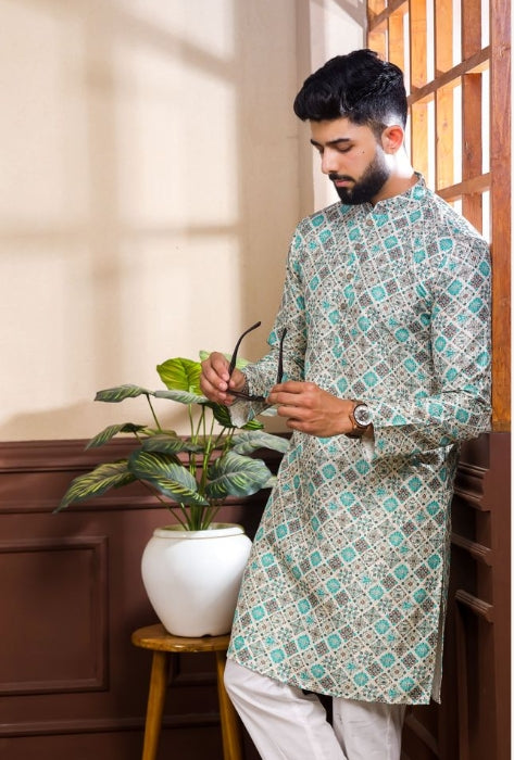 Royal Blue Art Silk Festive Kurta with Payjama | Digital Print & Sequin Embroidery