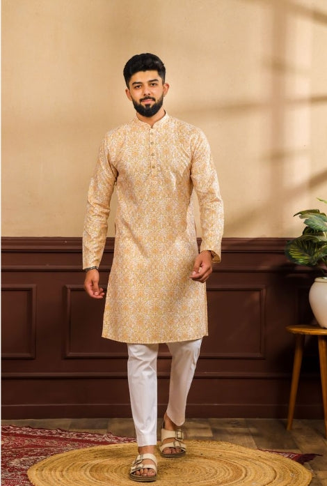 Vibrant Mustard Art Silk Festive Kurta with Payjama | Digital Print & Sequin Embroidery