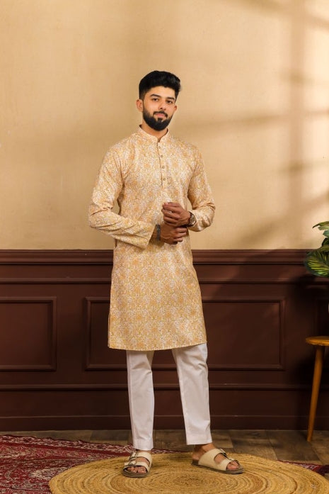 Vibrant Mustard Art Silk Festive Kurta with Payjama | Digital Print & Sequin Embroidery