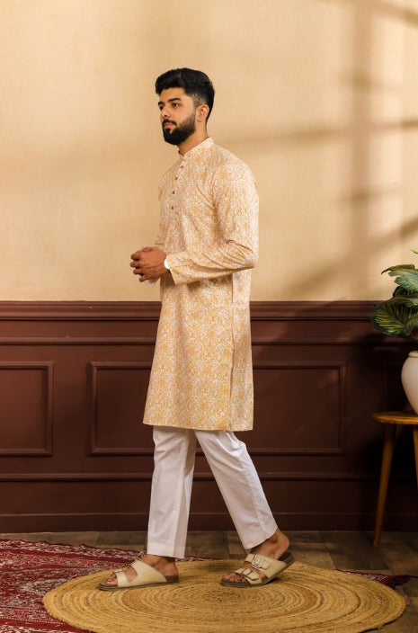 Vibrant Mustard Art Silk Festive Kurta with Payjama | Digital Print & Sequin Embroidery