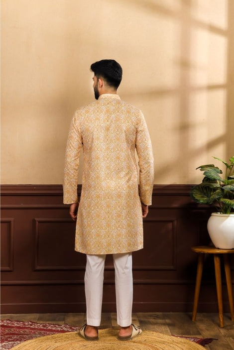 Vibrant Mustard Art Silk Festive Kurta with Payjama | Digital Print & Sequin Embroidery