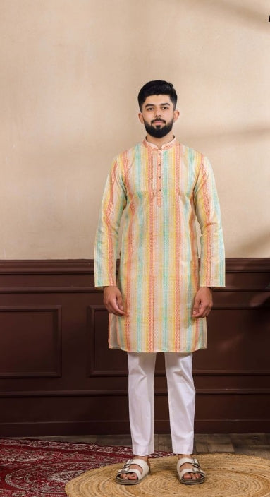 Multicolor Art Silk Festive Kurta with Payjama | Digital Print & Sequin Embroidery