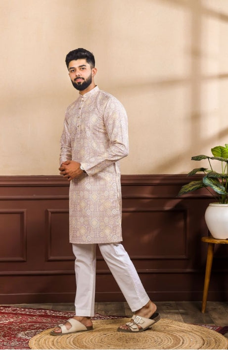 Elegant Lavender Art Silk Festive Kurta with Payjama | Digital Print & Sequin Embroidery