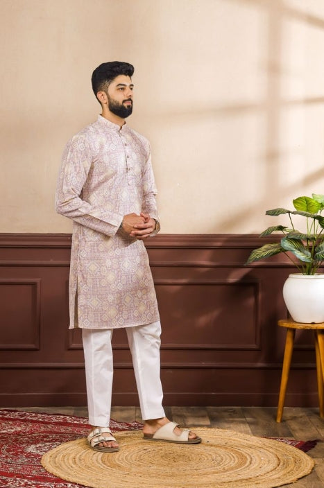 Elegant Lavender Art Silk Festive Kurta with Payjama | Digital Print & Sequin Embroidery