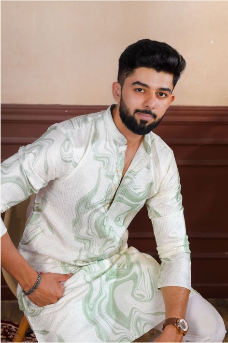 Rich Green Art Silk Festive Kurta with Payjama | Digital Print & Sequin Embroidery