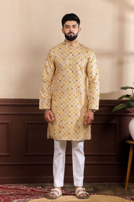 Vibrant Mustard Art Silk Festive Kurta with Payjama | Digital Print & Sequin Embroidery