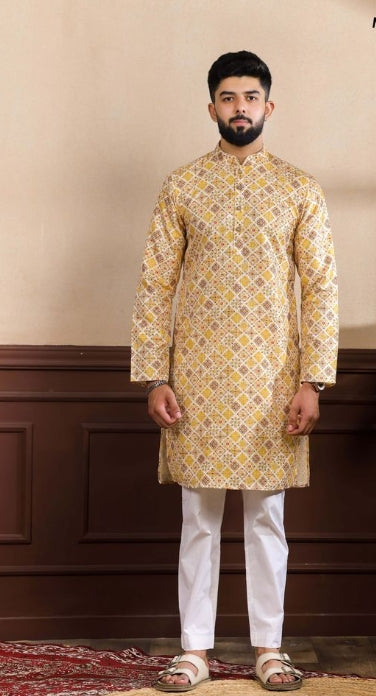 Vibrant Mustard Art Silk Festive Kurta with Payjama | Digital Print & Sequin Embroidery