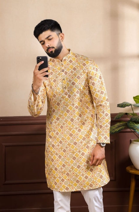 Vibrant Mustard Art Silk Festive Kurta with Payjama | Digital Print & Sequin Embroidery