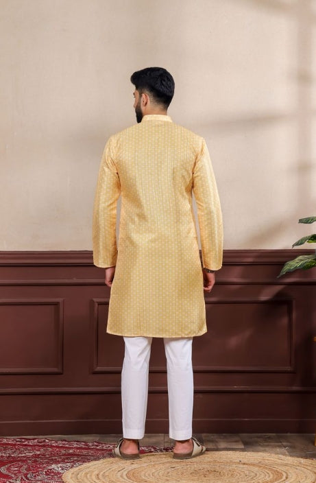 Bright Yellow Art Silk Festive Kurta with Payjama | Digital Print & Sequin Embroidery
