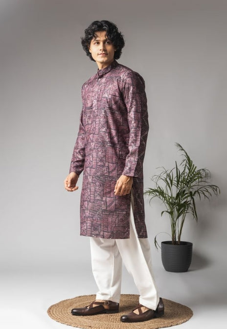 Royal Purple Viscose Weaved Festive Kurta with Payjama | Intricate Handwoven Motifs