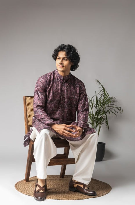 Royal Purple Viscose Weaved Festive Kurta with Payjama | Intricate Handwoven Motifs