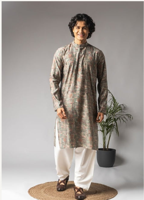 Ash Green Modal Silk Weaved Kurta with Payjama | Intricate Handwoven Motifs for Mehandi