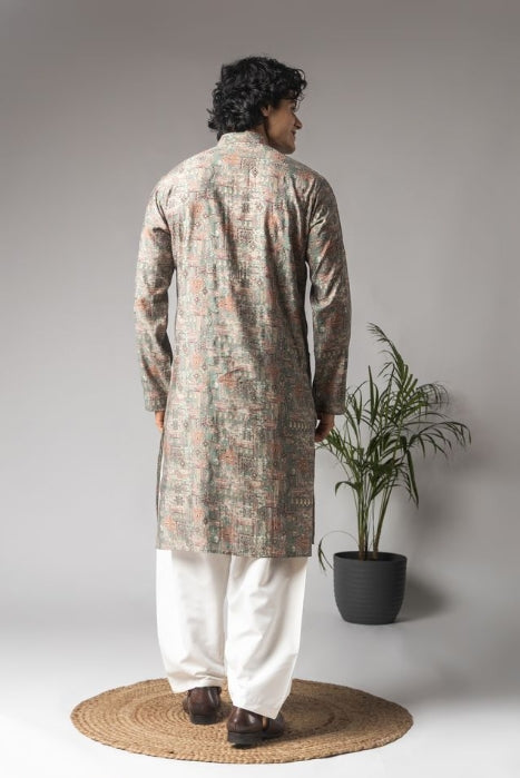 Ash Green Modal Silk Weaved Kurta with Payjama | Intricate Handwoven Motifs for Mehandi