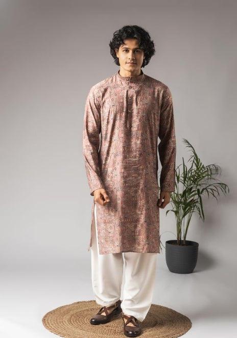 Soft Pink Modal Silk Weaved Kurta with Payjama | Intricate Handwoven Motifs for Haldi