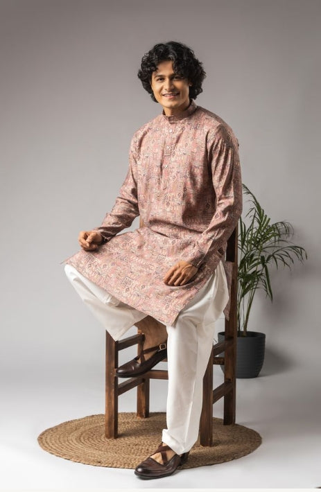 Soft Pink Modal Silk Weaved Kurta with Payjama | Intricate Handwoven Motifs for Haldi
