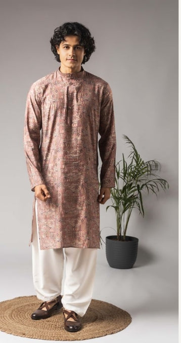 Soft Pink Modal Silk Weaved Kurta with Payjama | Intricate Handwoven Motifs for Haldi