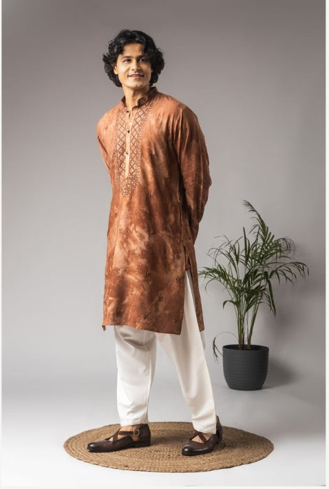 Earthy Reddish Brown Rayon Weaved Festive Kurta with Payjama | Intricate Handwoven Motifs