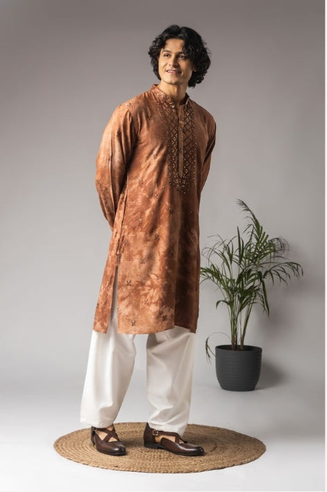 Earthy Reddish Brown Rayon Weaved Festive Kurta with Payjama | Intricate Handwoven Motifs