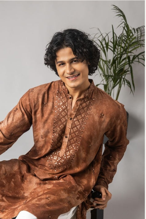 Earthy Reddish Brown Rayon Weaved Festive Kurta with Payjama | Intricate Handwoven Motifs