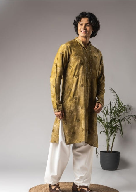 Vibrant Tie Dye Green Rayon Weaved Festive Kurta with Payjama | Intricate Handwoven Motifs