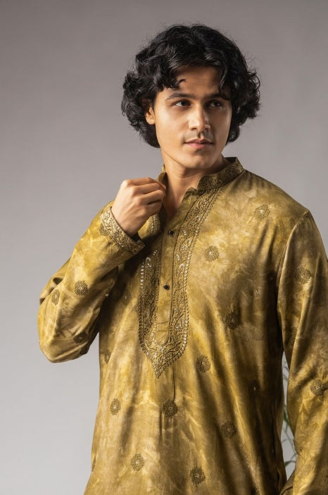 Vibrant Tie Dye Green Rayon Weaved Festive Kurta with Payjama | Intricate Handwoven Motifs