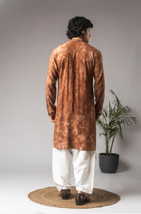 Earthy Reddish Brown Rayon Weaved Festive Kurta with Payjama | Intricate Handwoven Motifs