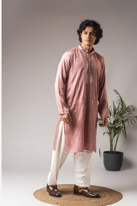 Elegant Pink Super Silk Weaved Festive Kurta with Payjama | Intricate Handwoven Motifs