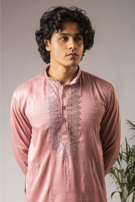 Elegant Pink Super Silk Weaved Festive Kurta with Payjama | Intricate Handwoven Motifs