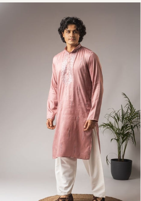 Elegant Pink Super Silk Weaved Festive Kurta with Payjama | Intricate Handwoven Motifs