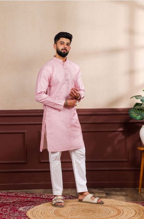 Soft Pink Art Silk Festive Kurta with Payjama | Digital Print & Sequin Embroidery