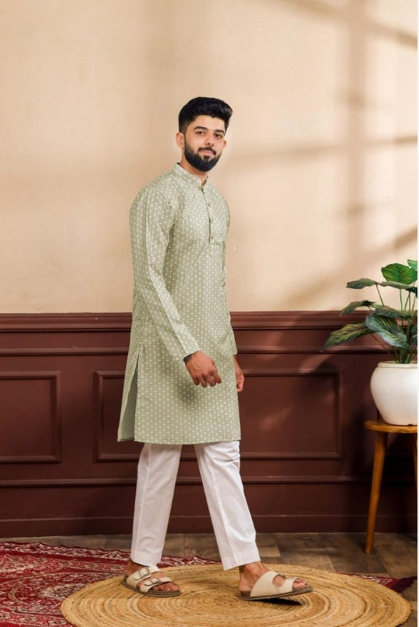 Fresh Pista Green Art Silk Festive Kurta with Payjama | Digital Print & Sequin Embroidery