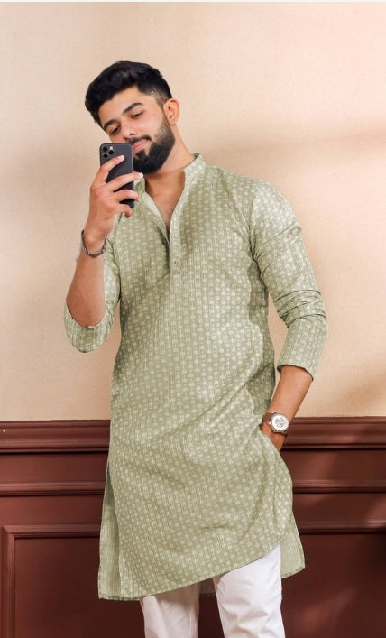 Fresh Pista Green Art Silk Festive Kurta with Payjama | Digital Print & Sequin Embroidery