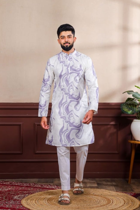 Regal Purple Art Silk Festive Kurta with Payjama | Digital Print & Sequin Embroidery